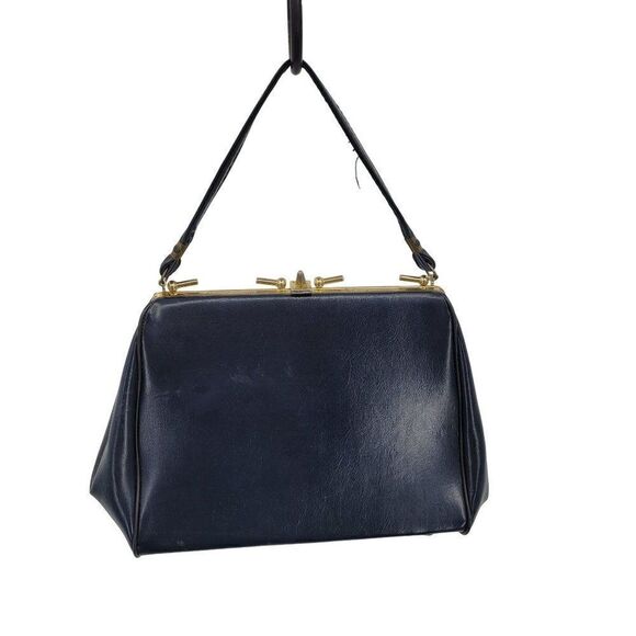 Vintage 60's Handbag Top Handle Vegan Framed Clasp Closure Midnight Blue Gold - Picture 1 of 13